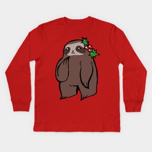 Christmas Holly Sloth Kids Long Sleeve T-Shirt